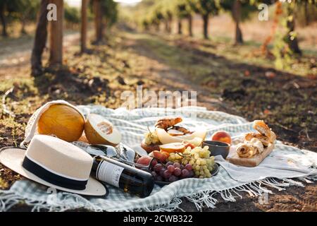 Picknick mit Essen und Obst im Freien in der Natur Stockfoto