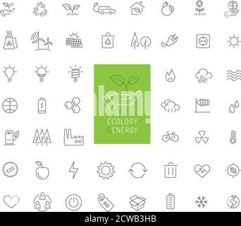 50 Ökologie, Energie und Umwelt dünne Linien Symbole Stock Vektor