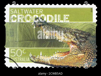 AUSTRALIEN - UM 2006: Eine abgesagte Briefmarke aus Australien, die das australische Salzwasser-Krokodil illustriert, herausgegeben 2006. Stockfoto