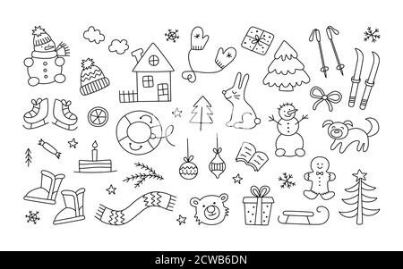 Set von winterweihnachtsobjekten im Doodle-Stil. Handgezeichneter Schneemann, Hut, Fäustlinge, Schlittschuhe, weihnachtsbaum. Stock Vektor