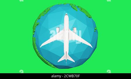 Flugzeug fliegen um Cartoon Erde auf grünem Hintergrund. 3d-Illustration Stockfoto