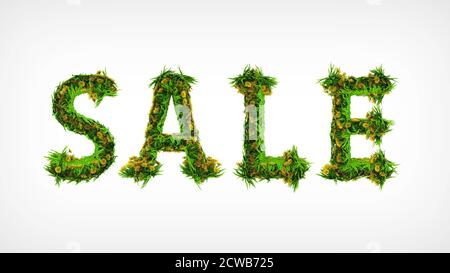 Text Verkauf von Blumen und grünen Blättern, Sommer Hintergrund Stockfoto