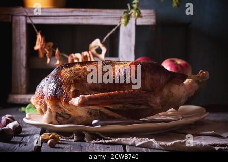 Gänsebraten Sie gefüllter auf Keramikplatte mit reifen Äpfeln über Holz Küchentisch. Dunkel rustikalen Stil. Stockfoto