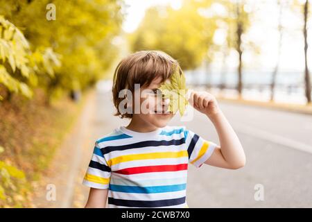 Portrait von glücklich fröhlichen Kind Junge mit einem Lächeln hält Ein Herbst gelb Ahornblatt in der Nähe des Gesichts in der park auf der Natur Spaziergang im Freien Stockfoto
