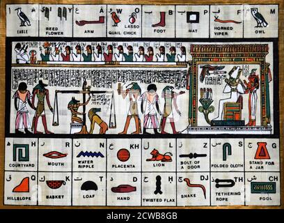 Zeitgenössische Papyrus Darstellung der alten ägyptischen gott, Osiris und das Wiegen des Herzens für einen verstorbenen pharao. Der gott der Fruchtbarkeit, des Alkohols, der Landwirtschaft, des Jenseits, der Toten, der Auferstehung, des Lebens und der Vegetation in der alten ägyptischen Religion. Osiris wurde klassisch dargestellt als eine grün-häutete Gottheit mit einem pharaos Bart, teilweise Mumie-gewickelt an den Beinen, das Tragen einer unverwechselbaren Atef Krone, und das Halten eines symbolischen Gangs und Schlegel Stockfoto