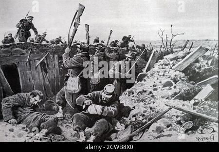 Französische Soldaten verteidigen einen Graben gegen bulgarische feindliche Angriff. 1915. Erster Weltkrieg Stockfoto