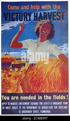 Plakat zum Zweiten Weltkrieg, das Frauen auffordert, bei der Landwirtschaft zu helfen Stockfoto