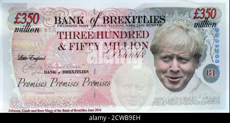 £350 Millionen Pfund Note mit Gesicht von Boris Johnson. Ein Protestflyer, der vor dem Obersten Gerichtshof in London während der Anhörung gefunden wurde, um die Prorogation des Parlaments anzufechten. 17. September 2019.die Prorogation des Parlaments wurde am 28. August 2019 von Königin Elizabeth II. Auf Anraten des konservativen Premierministers Boris Johnson angeordnet.Oppositionspolitiker sahen darin einen verfassungswidrigen Versuch, die parlamentarische Kontrolle über den Brexit-Plan der Regierung zu reduzieren. Stockfoto