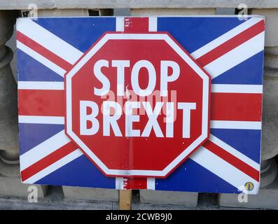 Bleiben' Zeichen vor dem Kabinett in Whitehall protestieren gegen die harte Brexit-Option, wenn Großbritannien die EU nach dem Brexit verlässt. September 2019 Stockfoto