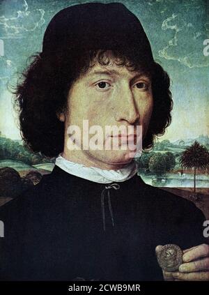 Gemälde mit dem Titel "Portrait eines Mannes mit einer römischen Medaille" von Hans Memling. Hans Memling (1430-1494) ein deutscher Maler. Stockfoto