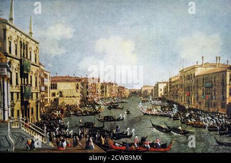 Gemälde, das die Regatta des Canale Grande zeigt, Blick vom Haus Foscari des Giovanni Antonio Canal. Canaletto (1697-1768) ein italienischer Maler Stockfoto