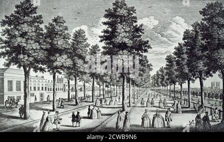 Gravur mit St. James' Palace and Park, London, zeigt formelle Pflanzung von Bäumen in Alleen. Männer und Frauen nehmen die Luft und schlendern entlang der Spaziergänge im Gespräch von Jean Rigaud Stockfoto