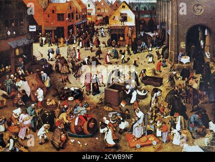 Gemälde mit dem Titel 'EIN Kampf zwischen Karneval und Fastenzeit' von Pieter Brueghel dem Älteren. Pieter Brueghel der Ältere (1525-1569) der bedeutendste Künstler der niederländischen und flämischen Renaissance-Malerei. Stockfoto