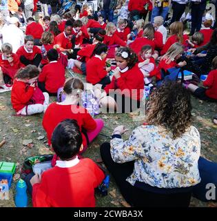 Schulkinder im Victoria Park, in der Nähe des Parlaments, London, während des Klimastreiks vom 20. September 2019. Auch bekannt als die Globale Woche der Zukunft, eine Reihe von internationalen Streiks und Protesten, um Maßnahmen gegen den Klimawandel zu fordern. Die Proteste vom 20. September waren wahrscheinlich die größten Klimaangriffe der Weltgeschichte. Die Organisatoren berichteten, dass weltweit über 4 Millionen Menschen an Streiks teilgenommen haben, darunter 300000 Menschen, die sich britischen Protesten angeschlossen haben. Greta Thunberg, (* 3. Januar 2003), schwedische Umweltaktivistin, hat sich die globale Sensibilisierung für die Risiken des Klimas zugeschrieben Stockfoto