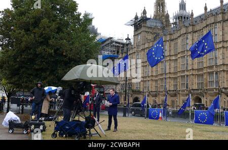 EU-Flaggen auf College Green gegenüber dem britischen Parlament, im letzten Monat vor dem Austritt Großbritanniens aus der Europäischen Union. Oktober 2019 Stockfoto