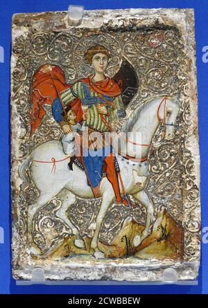 Byzantinische Ikone, die St. George und die Jugend von Mytilene darstellt, die von St. George aus der Sklaverei gerettet wurde. Eiertempura, Kiefer und Gesso. 1250 N. CHR. Stockfoto