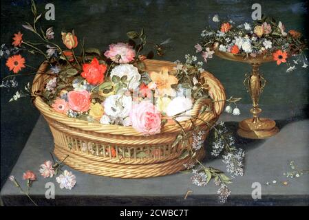 Stillleben Gemälde von Jan Brueghel der Ältere mit dem Titel 'EIN Korb mit Blumen', c1590-1625. Aus der Sammlung des Fitzwilliam Museum, University of Cambridge. Stockfoto