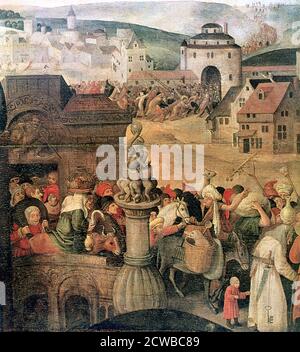 Gemälde von Pieter Brueghel dem Jüngeren mit dem Titel 'Christus treibt die Händler aus dem Tempel' (Ausschnitt), c1584-1638. Aus der Sammlung des Estnischen Kunstmuseums, Tallinn, Estland. Stockfoto