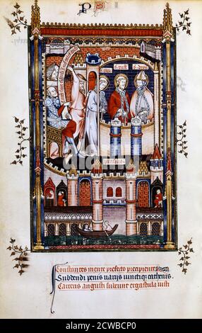 St Denis in Ketten, 1317. St. Denis, St. Eleutherius und St. Rusticus werden auf Befehl von Sisinnius ins Gefängnis gebracht. Handschriftenillustration aus einem Werk über das Leben von St. Denis (gest. c258 n. Chr.), geschrieben von Yves, einem Mönch in der Abtei von St. Denis. Das Buch zeigt die Folter und das Martyrium des heiligen durch den römischen Statthalter Fescenninus Sisinnius. Die untere Szene zeigt Menschen auf der Brücke über die seine. Aus der Sammlung der Bibliotheque Nationale, Paris. Der Künstler ist unbekannt. Stockfoto