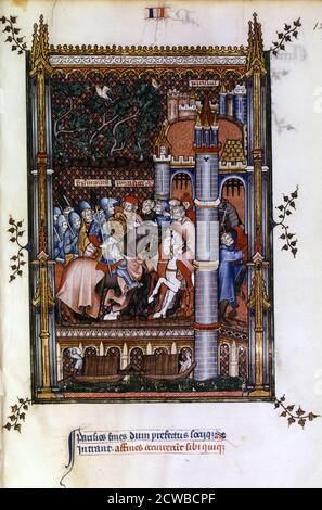 Heidnische Priester begrüßen Sisinnius vor den Toren von Paris, 1317. Handschriftenillustration aus einem Werk über das Leben von St. Denis (gest. c258 n. Chr.), geschrieben von Yves, einem Mönch in der Abtei von St. Denis. Das Buch zeigt die Folter und das Martyrium des heiligen durch den römischen Statthalter Fescenninus Sisinnius. Die untere Szene zeigt Szenen auf der seine und zeigt Weizen, der in Booten transportiert wird, die mit Planen bedeckt sind. Aus der Sammlung der Bibliotheque Nationale, Paris. Der Künstler ist unbekannt. Stockfoto