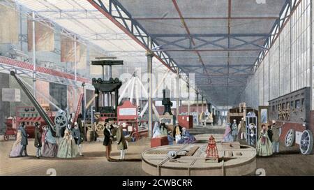 Machinery Hall, Crystal Palace Exhibition, London, 1851. Die von Prinz Albert konzipierte große Ausstellung zeigte die "Werke der Industrie aller Nationen". Es wurde im eigens dafür errichteten Crystal Palace untergebracht, der ersten großformatigen Fertigkonstruktion aus Eisen und Glas, die vom Gärtner und Architekten Joseph Paxton entworfen wurde. Die vorgefertigte Konstruktion machte den Bau und später die Demontage des Gebäudes einfacher und schneller. Der Künstler ist unbekannt. Stockfoto