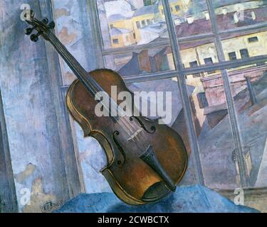 Still Life with a Violin', 1918, von dem russischen Künstler Kuz'ma Petrov-Vodkin. Aus der Sammlung des Staatlichen Russischen Museums, St. Petersburg, Russland. Stockfoto