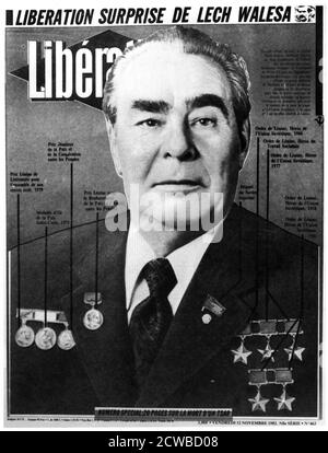 Leonid Breschnew, sowjetischer Führer, abgebildet auf dem Cover der Befreiung, 1982, am Tag nach seinem Tod. Breschnew (1907-1982) war Generalsekretär der Kommunistischen Partei der Sowjetunion und von 1964 bis zu seinem Tod im Jahr 1982 wirksamer Herrscher der UdSSR. Der Fotograf ist unbekannt. Stockfoto