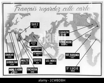 Vichy französisches antibritisches Propagandaplakat, 1940-1944. Die Karte zeigt Orte und Daten von Zwischenfällen, die von den Briten auf Kosten Frankreichs und von den Franzosen vom Britischen Imperium entnommenen Gebieten provoziert wurden. Die letzten beiden Daten beziehen sich auf die Vorfälle in Mers-el-Kebir, Algerien und Dakar, Senegal, wo die Royal Navy die französische Flotte angegriffen, um sie zu stoppen, in deutsche Hände fallen, nachdem das Vichy-Regime die Macht in Frankreich übernommen. Der Künstler ist unbekannt. Stockfoto