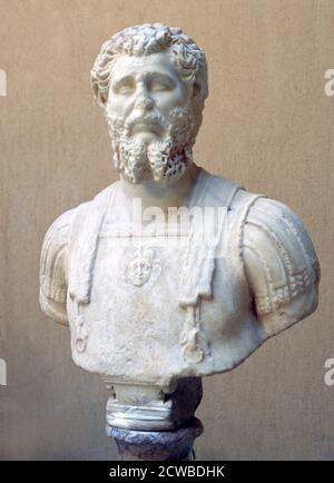 Marmorbüste des römischen Kaisers Lucius Septimius Severus. Gefunden im Archäologischen Museum und römischen Ruinen, Ostie, Italien. Der Künstler ist unbekannt. Stockfoto