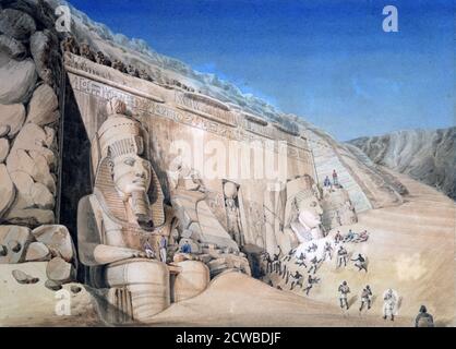 Ausgrabung des Großen Tempels von Ramesses II, Abu Simbel', 1819. Louis Maurice Adolphe Linant de Bellefonds besser bekannt als Linant Pasha (1799-1883) war ein Entdecker von Ägypten und Chef-Ingenieur des Suez-Kanals. Gefunden in der Sammlung des Victoria & Albert Museums, London. Von dem französischen Künstler Louis M. A. Linant de Bellefonds. Stockfoto