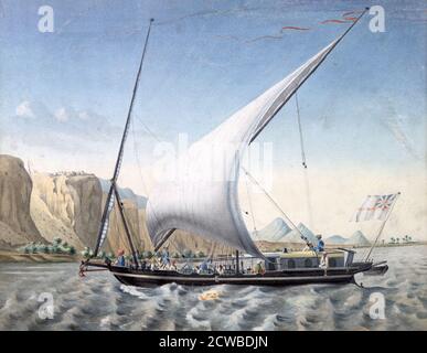 Ein Boot auf dem Nil, Ibrim, Nubia', 1827-1829. Louis Maurice Adolphe Linant de Bellefonds besser bekannt als Linant Pasha (1799-1883) war ein Forscher von Ägypten und, als der Chef-Ingenieur der ägyptischen öffentlichen Arbeiten, Ingenieur des Suezkanals. Gefunden in der Sammlung des Victoria & Albert Museums, London. Von dem französischen Künstler Louis M. A. Linant de Bellefonds. Stockfoto