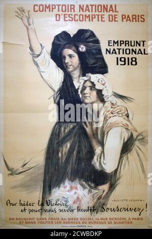 Comptoir National d'Escompte de Paris', Plakat zum Ersten Weltkrieg, 1918. Zwei französische Frauen im Kostüm von Frankreich aus der Revolutionszeit blicken in die Ferne, eine winkt mit der Hand. Das Plakat ermutigt französische Bürger, Kriegsanleihen zu kaufen. Von dem französischen Künstler Auguste Leroux. Stockfoto