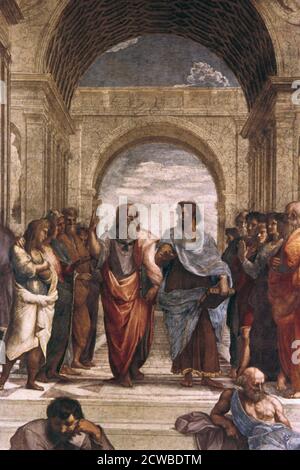 Die Schule von Athen, Detail von Platon & Aristoteles', 1508-1511. Künstler: Raphael. Raphael (1483-1520) war ein italienischer Maler und Architekt der Hochrenaissance. Seine Arbeit wird für seine Klarheit der Form, Leichtigkeit der Komposition und visuelle Leistung der menschlichen Größe bewundert. Stockfoto