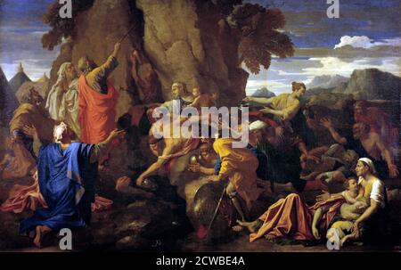 Moses, der den Felsen aufschlagen', 1649. Künstler: Nicolas Poussin. Nicolas Poussin (1594-1665) war der führende Maler des klassischen französischen Barockstils. Die meisten seiner Werke waren auf religiöse und mythologische Themen. Stockfoto