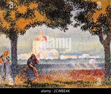 Die Kirche Santa Maria degli Angely in der Nähe von Assisi', 1909, Künstler: Henri Edmond Cross. Als Ergebnis einer Reise nach Italien produzierte Cross eine Reihe solcher Szenen von Perugia und Assisi. Pointillismus - die Technik, die verwendet wird, um diese Arbeit zu produzieren - ist eine Methode der Malerei, in der die Farbe in kleinen Punkten der Farbe aufgetragen wird, der Künstler bricht komplexe Töne bis in reine Farben, die dann durch das Auge in einer Entfernung kombiniert werden. Der Stil wird oft als Divisionismus oder Neo-Impressionismus beschrieben. Stockfoto