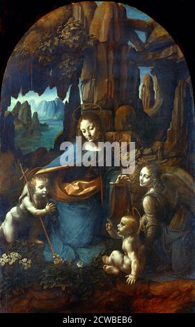 Die Jungfrau der Felsen', 1491-1519 Künstler: Leonardo da Vinci. Die Jungfrau mit dem Jesuskind Johannes dem Täufer, der das Jesuskind anbetend, begleitet vom Erzengel Uriel) Stockfoto