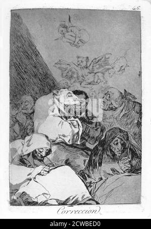 Correction', 1799 Künstler: Francisco Goya. Platte 46 von 'Los Caprichos'. Los Caprichos sind ein Satz von 80 Drucken in Aquatinta und Radierung, die der spanische Künstler Francisco Goya 1797 und 1798 schuf und 1799 als Album veröffentlicht wurde. Stockfoto