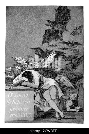 The Sleep of Reason produces Monsters', 1799 Künstler: Francisco Goya. Von 'Los Caprichos'. Los Caprichos sind ein Satz von 80 Drucken in Aquatinta und Radierung, die der spanische Künstler Francisco Goya 1797 und 1798 schuf und 1799 als Album veröffentlicht wurde. Stockfoto