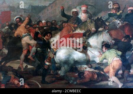 'The Second of May 1808: Charge of the Mamelukes', 1814 Künstler: Francisco Goya. 1814 in Auftrag gegeben, nach der Vertreibung der Armee Napoleons aus Spanien, porträtierte Goya die Einwohner Madrids als unbekannte Helden, die mit Rohwaffen eine professionelle Besatzungsarmee angreifen. Das ging mit dem König nicht gut - die Bilder wurden erst viele Jahre (und später Regierungen) öffentlich aufgehängt. Stockfoto