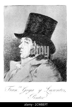 Self Portrait', 1799 Künstler: Francisco Goya. Platte 1 von „Los Caprichos“. Los Caprichos sind ein Satz von 80 Drucken in Aquatinta und Radierung, die der spanische Künstler Francisco Goya 1797 und 1798 schuf und 1799 als Album veröffentlicht wurde. Stockfoto