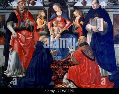 Madonna mit Kind auf dem Thron der Heiligen, 1483 Künstler: Domenico Ghirlandaio. St. Dionysius, Aeropagita, Domenic, Clement und Thomas von Aquin. Gefunden in der Sammlung der Galleria degli Uffizi, Florenz, Italien. Stockfoto