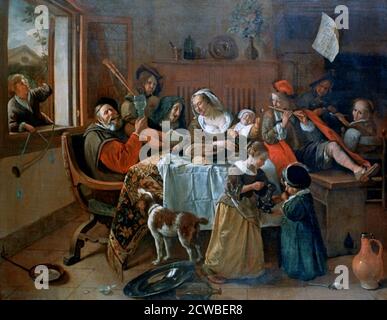 Die Fröhliche Familie", 1668. Künstler: Jan Steen. Jan Havickszoon Steen (1626-1679) war ein niederländischer Maler des Goldenen Zeitalters, einer der führenden Genremaler des 17. Jahrhunderts. Stockfoto