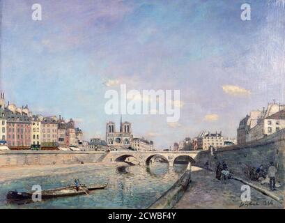 Die seine und Notre-Dame in Paris', 1864. Künstler: Johan Barthold Jongkind. Johan Barthold Jongkind war ein niederländischer Maler und Grafiker. Er malte Meereslandschaften und gilt als Vorläufer des Impressionismus. Stockfoto
