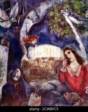 An Unstering Love: 'Around her'; 1945, von Marc Chagall (1887 - 1985); russisch-französischer Künstler des weißrussischen jüdischen Künstlers. Bella Rosenfeld traf Marc Chagall im Sommer 1909 bei einem Besuch in St. Petersburg. Marc war ein aufstrebender Künstler, der sich in der Entstehung seines mittlerweile berühmten Oeuvres befand. Bella, die Tochter eines erfolgreichen Juweliers, befand sich mitten in ihrem Studium und erwarb sich einen Vorgeschmack auf das Schreiben. Ihr Treffen war der Beginn einer Künstler-Muse-Beziehung, die einige von Chagall's besten Arbeiten inspirieren würde. Stockfoto