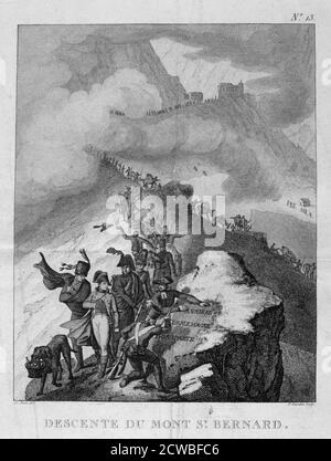 Der Abstieg des Mount St. Bernard', 1800. Nach seiner Ernennung zum ersten Konsul und dem Angriff Österreichs auf Italien durchqueren Napoleon und seine Truppen die Alpen auf den Spuren von Hannibal und Karl dem Großen. Stockfoto