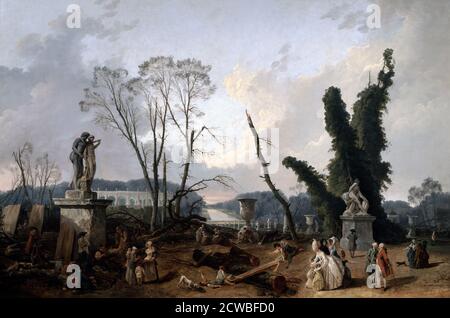 Blick auf das 'Tapis Vert' in Versailles, 19. Jahrhundert von Fanny Robert. Louis XVI und Marie-Antoinette sind im Vordergrund dargestellt. Vom Musée National du Chateau, Versailles, Frankreich. Stockfoto