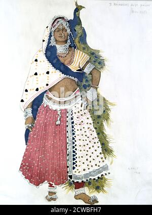 Bayadere with Peacock', Ballett Kostümdesign, von Leon Bakst, 1911. Kostümdesign für Ballets Russes Produktion von Le Dieu Bleu (der blaue Gott), Geschichte von Jean Cocteau und Frederigo de Madrazo, Musik von Reynaldo Hahn. Veröffentlicht in L'Art Decoratif de Leon Bakst. (Paris, 1913). Aus einer privaten Sammlung. Stockfoto