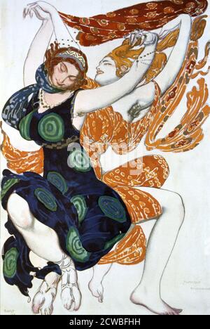 Two Bacchantes', Kostümdesign für eine Ballets Russes Produktion von Tcherepnins Narcisse, Künstler: Leon Bakst, 1911. Veröffentlicht in L'Art Decoratif de Leon Bakst. (Paris, 1913). Aus einer privaten Sammlung. Stockfoto