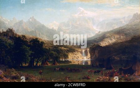 The Rocky Mountains, Lander's Peak', 1863. Künstler: Albert Bierstadt. Albert Bierstadt (1830-1902) war ein deutsch-amerikanischer Maler, der vor allem für seine üppigen, weitläufigen Landschaften des amerikanischen Westens bekannt war. Stockfoto