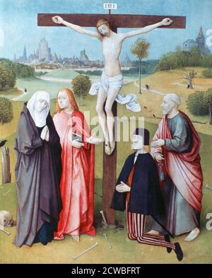 Christus am Kreuz mit Stiftern und Heiligen', c1480-1516. Künstler: Hieronymus Bosch. Hieronymus Bosch ist einer der bedeutendsten Künstler der frühniederländischen Malschule. Seine Arbeit, bestehend aus Öl auf Holz Gemälde enthält fantastische Illustrationen von religiösen Konzepten und Erzählungen. Stockfoto